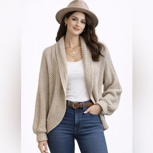 Crochet Open Front Draped Shawl Collar Cardigan S